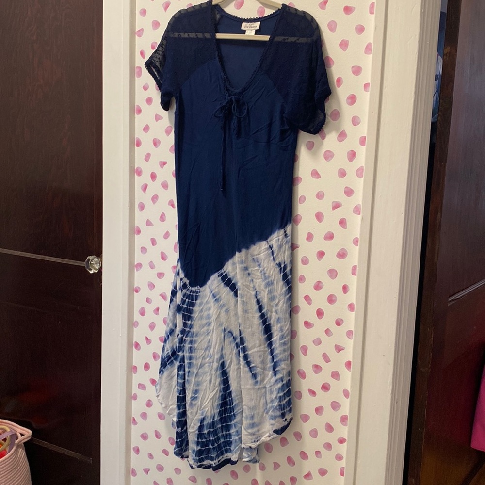 Sheer Blue Sun Dress/Swim Cover Up with Tye Dye at Asymmetrical Hemline - Picture 1 of 5